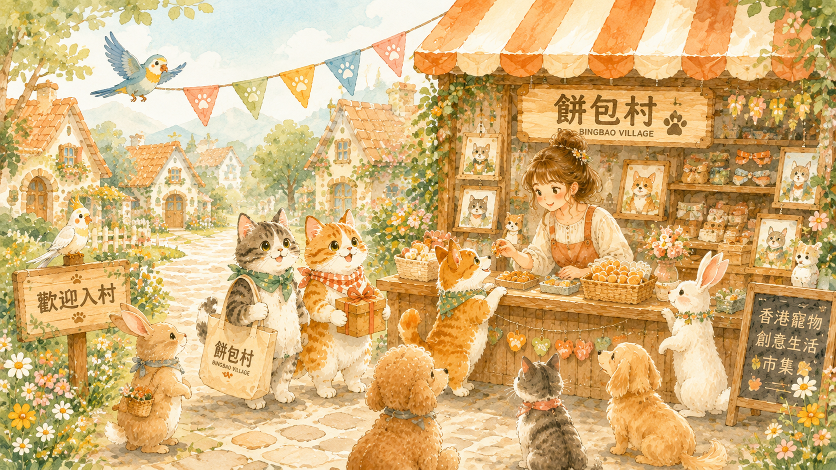 餅包村水彩市集插畫:村民同毛孩喺攤檔前選購手作禮物